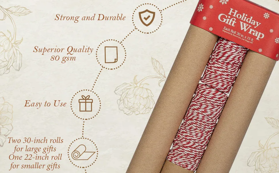 Classic Kraft Wrap 3 Rolls   Red Bakers Twine