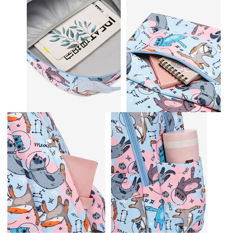 Space Cat Pattern Backpack Girls Waterproof School Bag