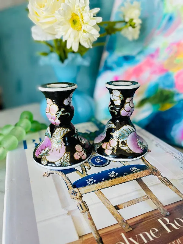 Vintage Ceramic Candleholders Short Black with Pink Fruit and Floral Design - Pair