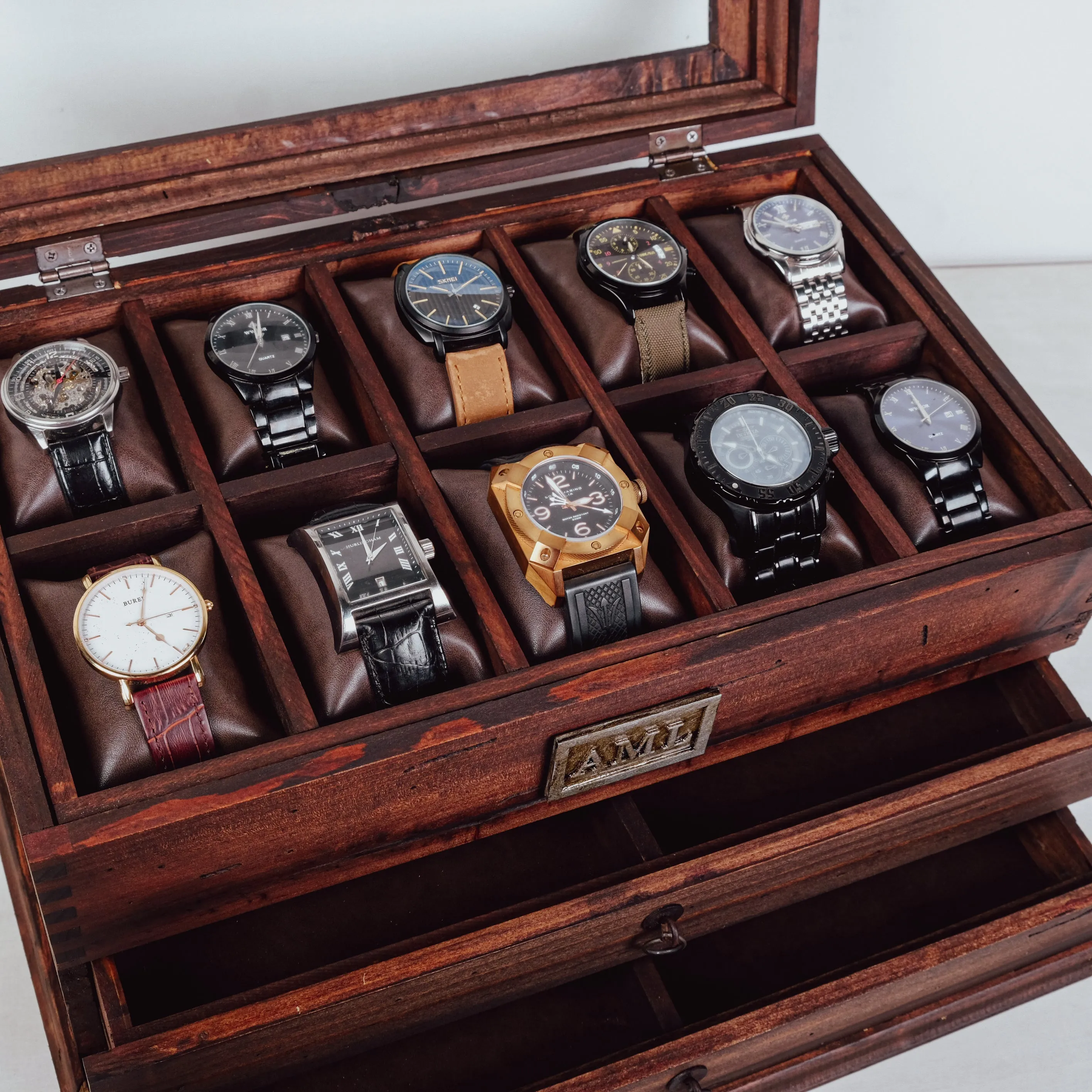 Watch Box for 10 Watches with Double Storage Drawer