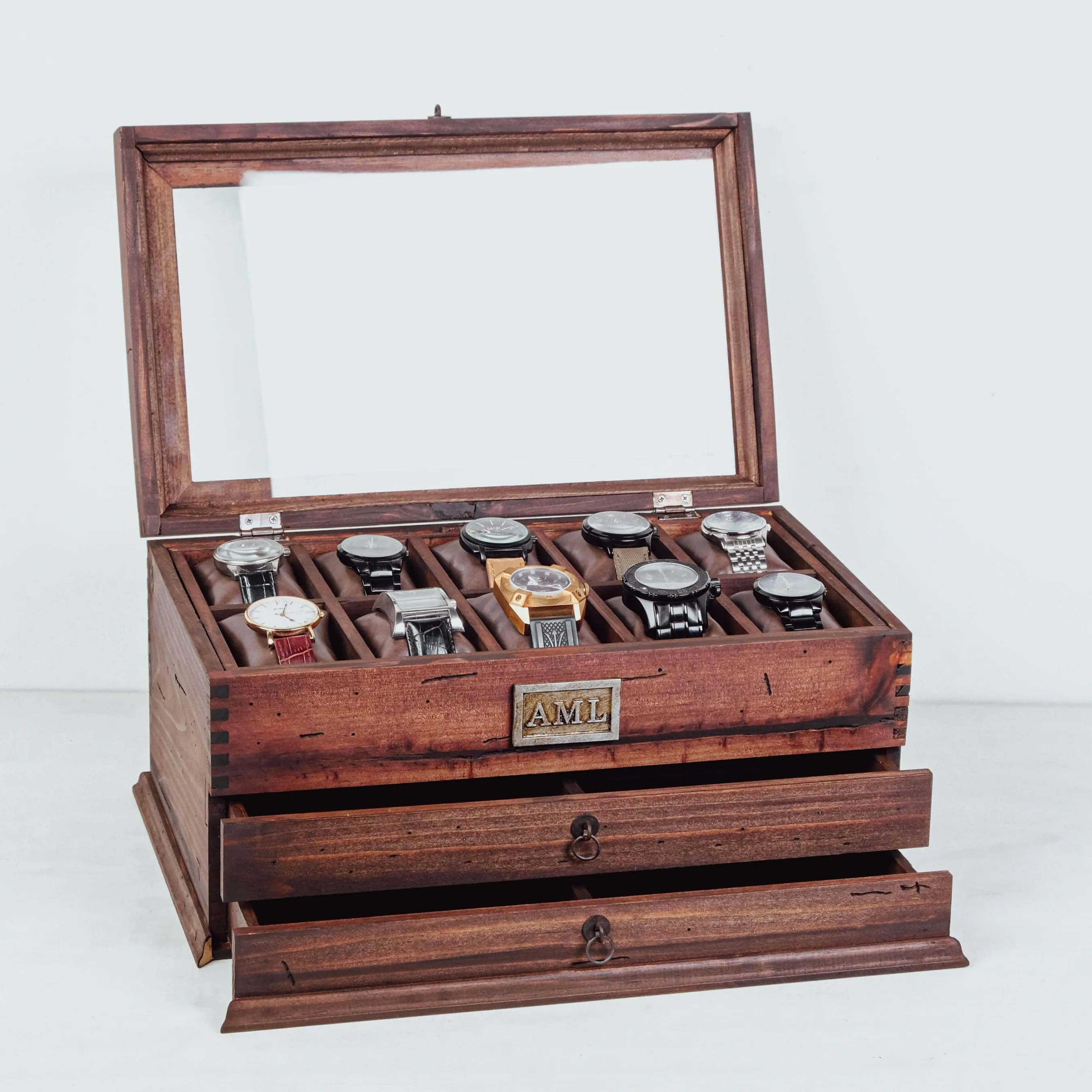 Watch Box for 10 Watches with Double Storage Drawer